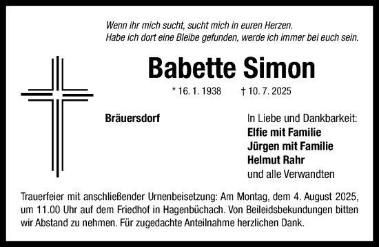 Traueranzeige von Babette Simon von Neustadt/ Scheinfeld/ Uffenheim