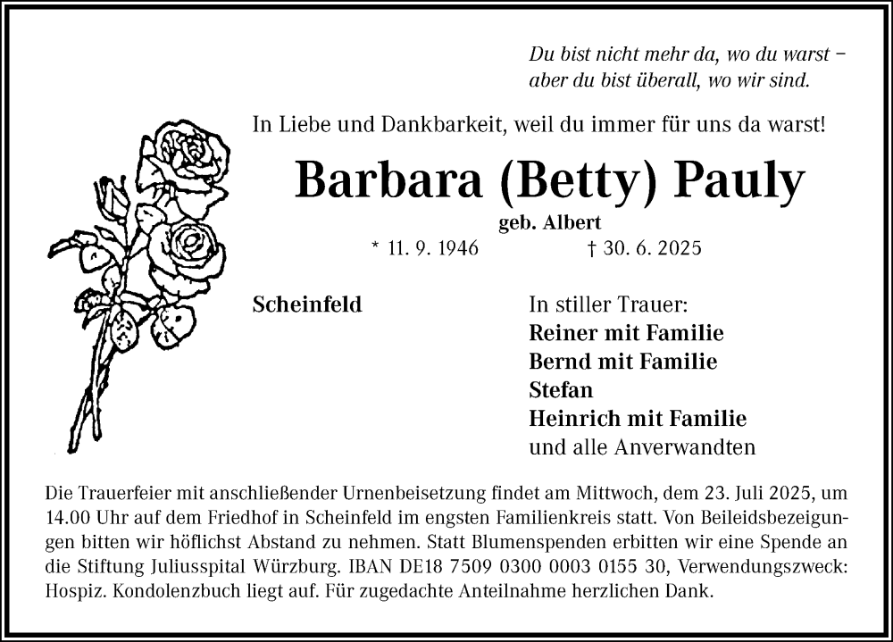  Traueranzeige für Barbara Pauly vom 19.07.2025 aus Neustadt/ Scheinfeld/ Uffenheim
