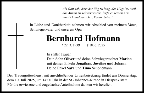 Traueranzeige von Bernhard Hofmann von Neustadt/ Scheinfeld/ Uffenheim