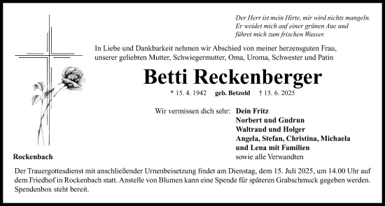 Traueranzeige von Betti Reckenberger von Neustadt/ Scheinfeld/ Uffenheim