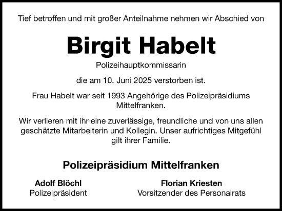Traueranzeige von Birgit Habelt von GE
