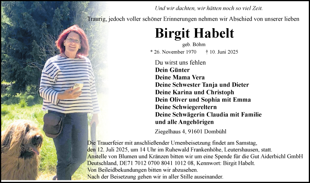  Traueranzeige für Birgit Habelt vom 08.07.2025 aus Rothenburg