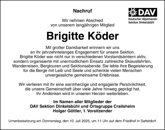 Traueranzeige von Brigitte Köder von Dinkelsbühl/ Feuchtwangen