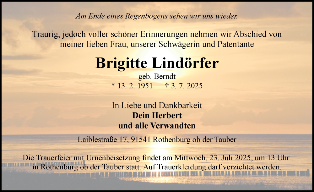  Traueranzeige für Brigitte Lindörfer vom 19.07.2025 aus Rothenburg