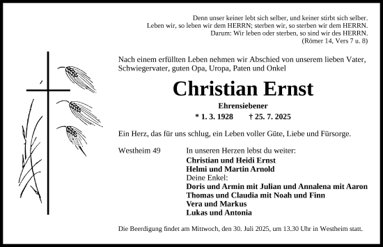 Traueranzeige von Christian Ernst von Neustadt/ Scheinfeld/ Uffenheim