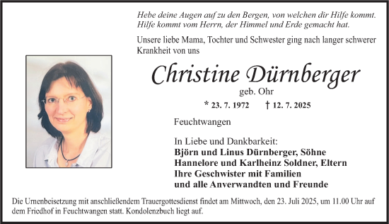 Traueranzeige von Christine Dürnberger von Dinkelsbühl/ Feuchtwangen