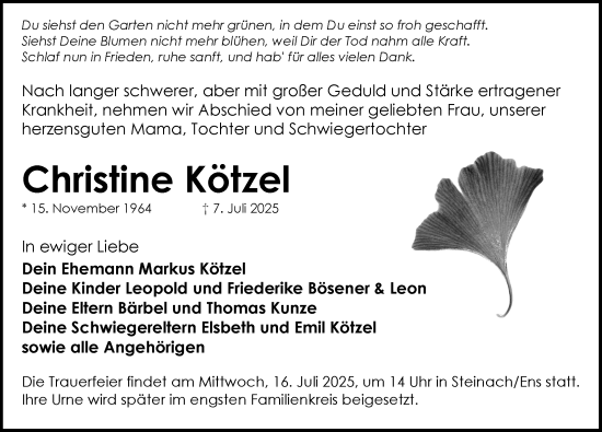 Traueranzeige von Christine Kötzel von Neustadt/ Scheinfeld/ Uffenheim