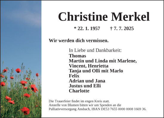 Traueranzeige von Christine Merkel von Ansbach