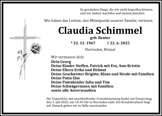 Traueranzeige von Claudia Schimmel von Ansbach