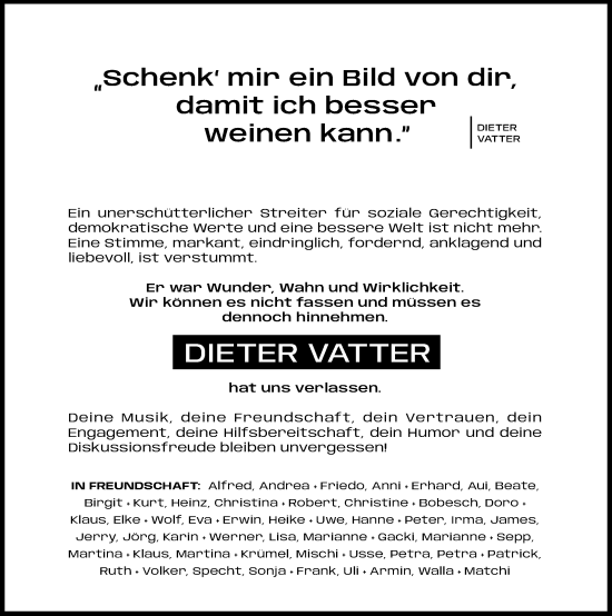Traueranzeige von Dieter Vatter von Neustadt/ Scheinfeld/ Uffenheim