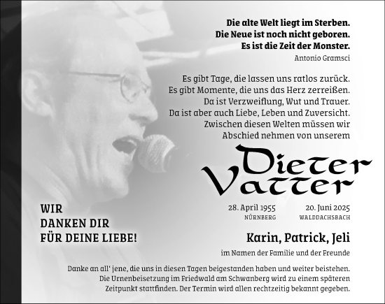 Traueranzeige von Dieter Vatter von Neustadt/ Scheinfeld/ Uffenheim
