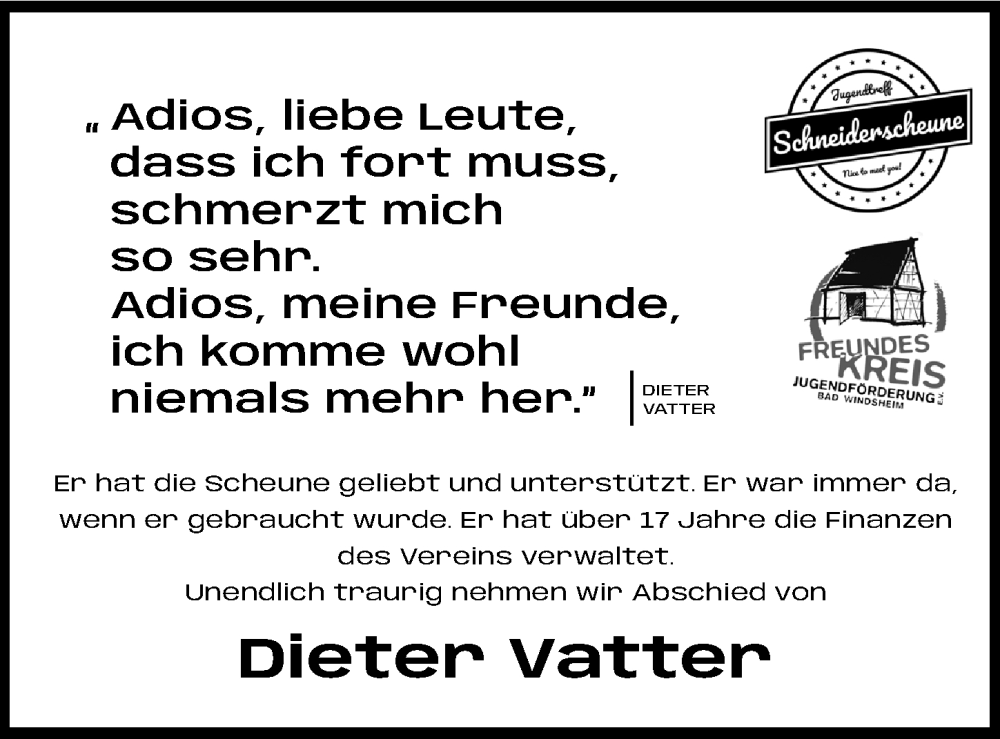  Traueranzeige für Dieter Vatter vom 02.07.2025 aus Neustadt/ Scheinfeld/ Uffenheim