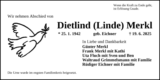 Traueranzeige von Dietlind Merkl von Ansbach