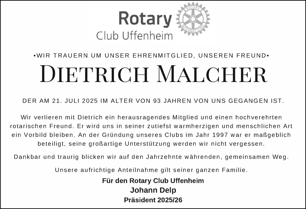  Traueranzeige für Dietrich Malcher vom 25.07.2025 aus Neustadt/ Scheinfeld/ Uffenheim