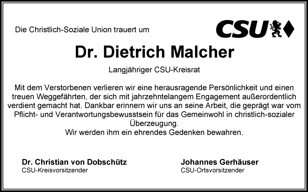  Traueranzeige für Dietrich Malcher vom 25.07.2025 aus Neustadt/ Scheinfeld/ Uffenheim
