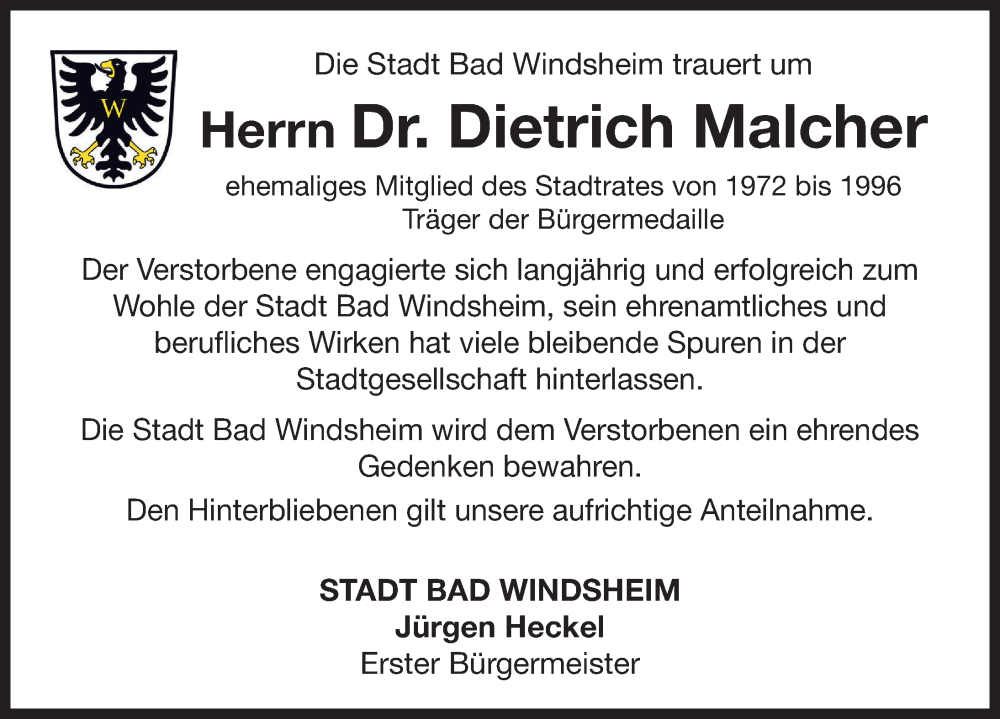  Traueranzeige für Dietrich Malcher vom 25.07.2025 aus Neustadt/ Scheinfeld/ Uffenheim