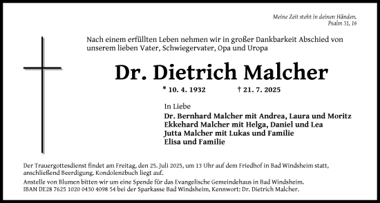 Traueranzeige von Dietrich Malcher von Neustadt/ Scheinfeld/ Uffenheim