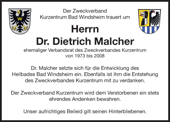 Traueranzeige von Dietrich Malcher von Neustadt/ Scheinfeld/ Uffenheim