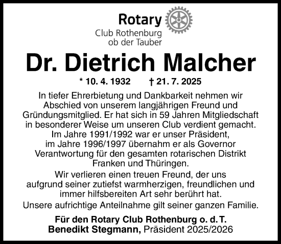 Traueranzeige von Dietrich Malcher von Neustadt/ Scheinfeld/ Uffenheim