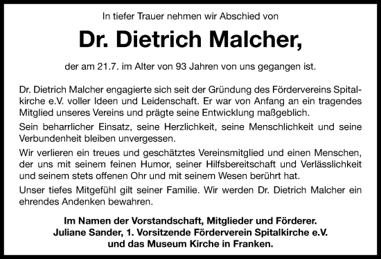 Traueranzeige von Dietrich Malcher von Neustadt/ Scheinfeld/ Uffenheim