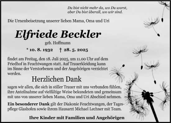 Traueranzeige von Elfriede Beckler von Dinkelsbühl/ Feuchtwangen
