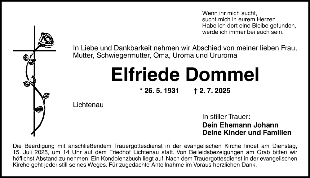  Traueranzeige für Elfriede Dommel vom 11.07.2025 aus Ansbach