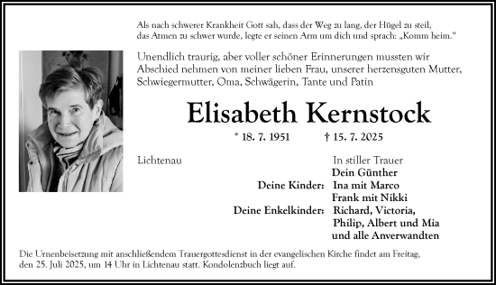 Traueranzeige von Elisabeth Kernstock von Ansbach