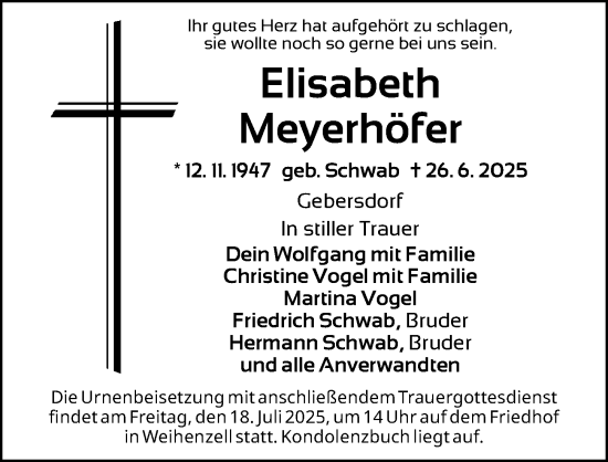 Traueranzeige von Elisabeth Meyerhöfer von Ansbach