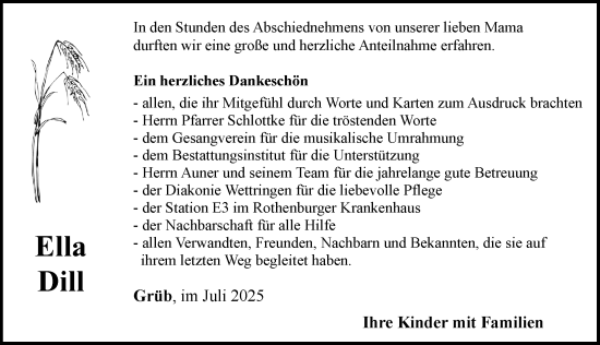 Traueranzeige von Ella Dill von Rothenburg