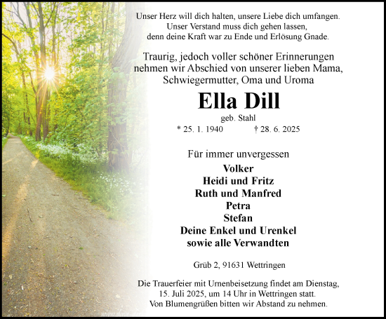 Traueranzeige von Ella Dill von Rothenburg