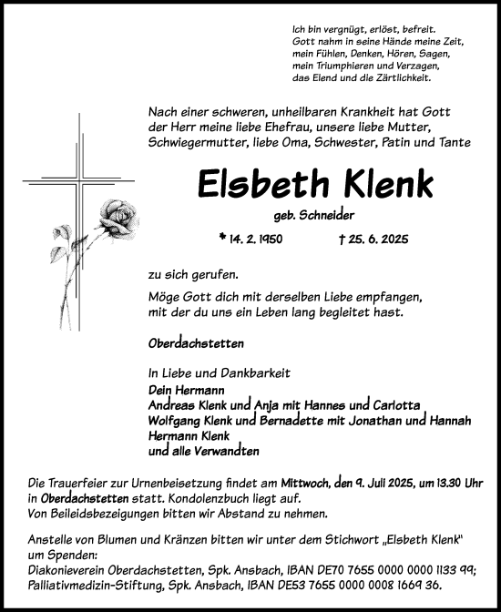 Traueranzeige von Elsbeth Klenk von GE
