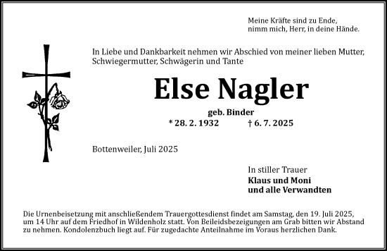 Traueranzeige von Else Nagler von Dinkelsbühl/ Feuchtwangen