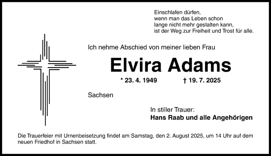 Traueranzeige von Elvira Adams von Ansbach