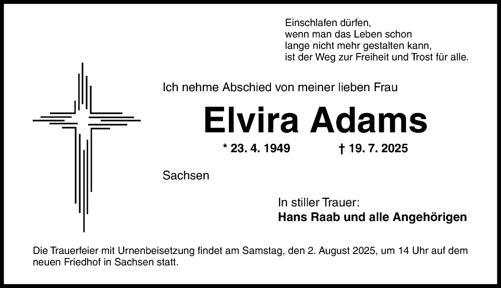  Traueranzeige für Elvira Adams vom 26.07.2025 aus Ansbach