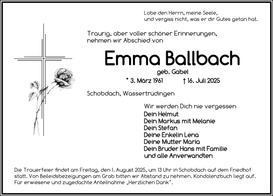 Traueranzeige von Emma Ballbach von Dinkelsbühl/ Feuchtwangen