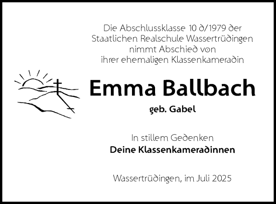 Traueranzeige von Emma Ballbach von Dinkelsbühl/ Feuchtwangen