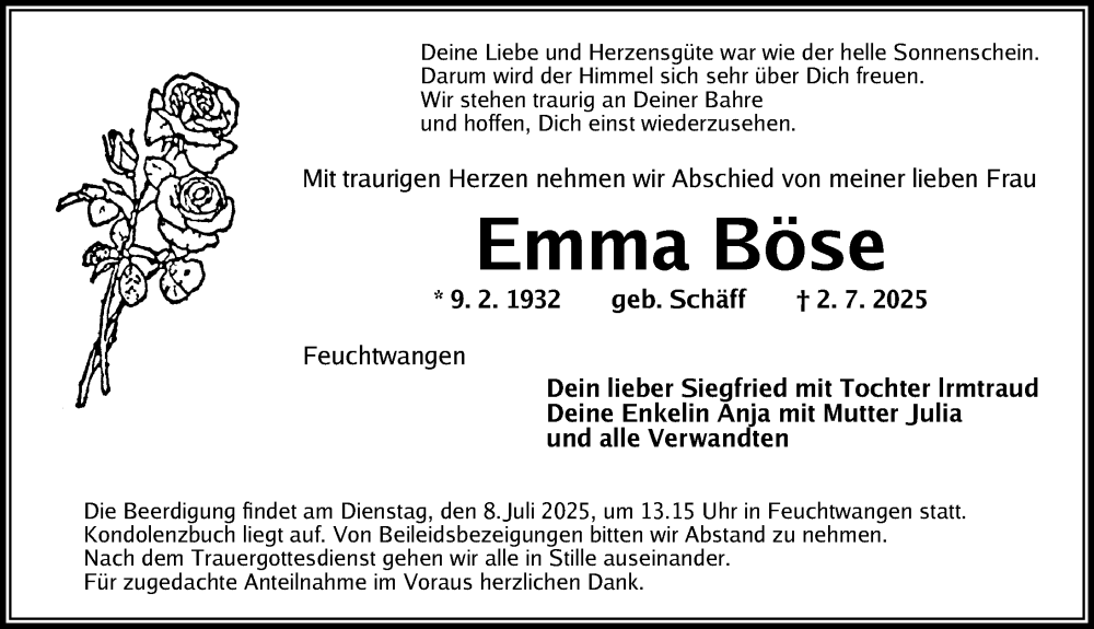  Traueranzeige für Emma Bose vom 05.07.2025 aus Dinkelsbühl/ Feuchtwangen