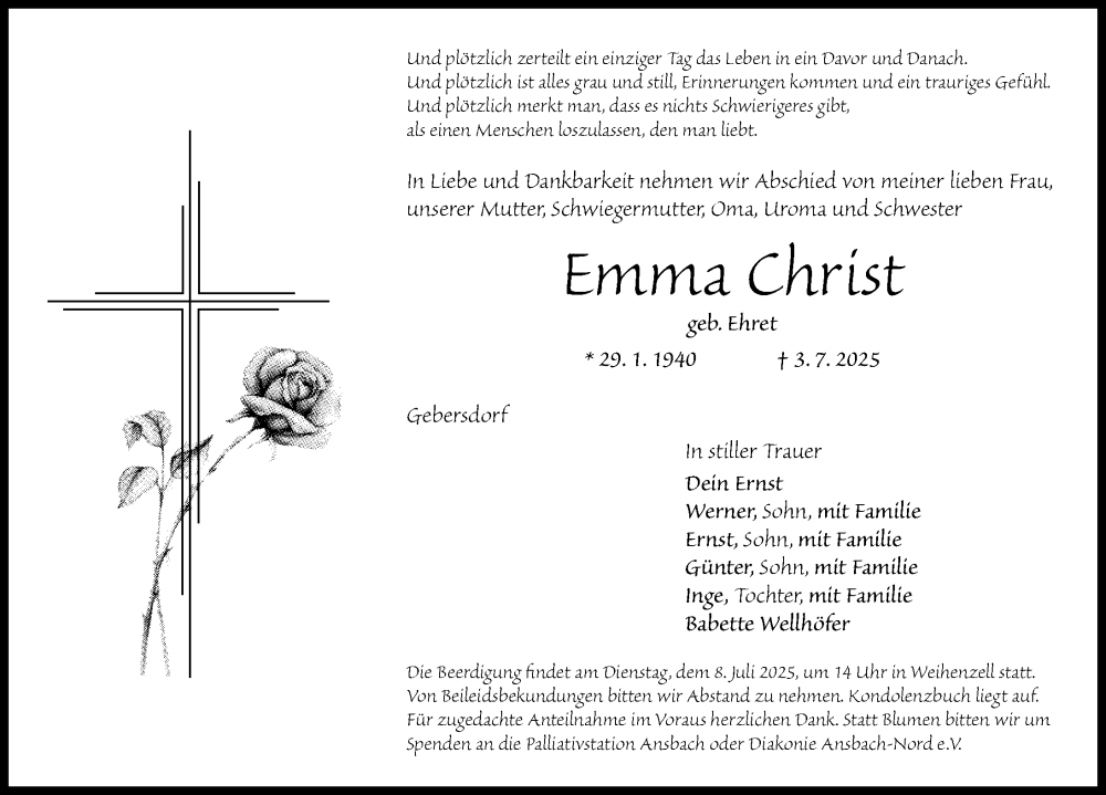  Traueranzeige für Emma Christ vom 05.07.2025 aus Ansbach