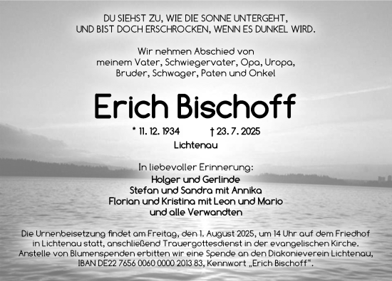 Traueranzeige von Erich Bischoff von Ansbach