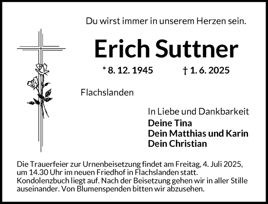 Traueranzeige von Erich Suttner von Ansbach