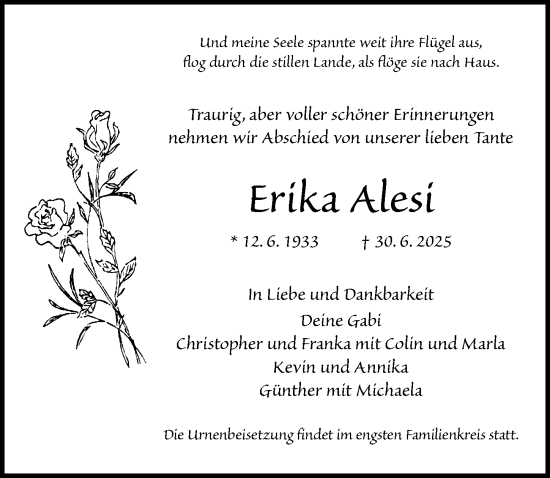 Traueranzeige von Erika Alesi von Neustadt/ Scheinfeld/ Uffenheim