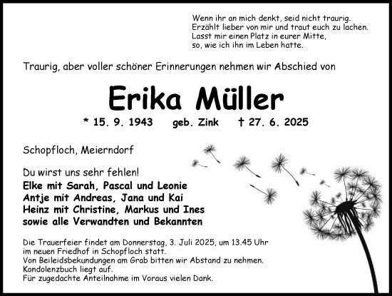 Traueranzeige von Erika Müller von Dinkelsbühl/ Feuchtwangen