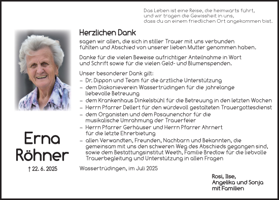 Traueranzeige von Erna Röhner von Dinkelsbühl/ Feuchtwangen