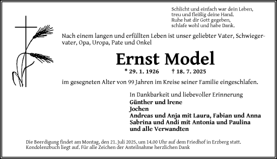 Traueranzeige von Ernst Model von Rothenburg