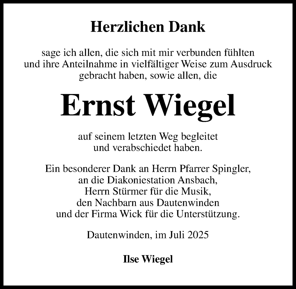  Traueranzeige für Ernst Wiegel vom 14.07.2025 aus Ansbach