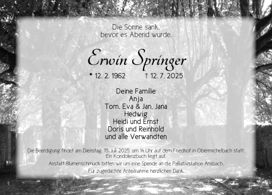 Traueranzeige von Erwin Springer von Dinkelsbühl/ Feuchtwangen