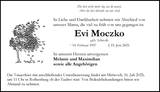 Traueranzeige von Evi Moczko von Rothenburg