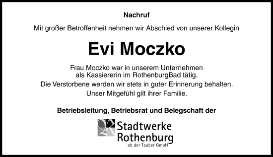 Traueranzeige von Evi Moczko von Rothenburg