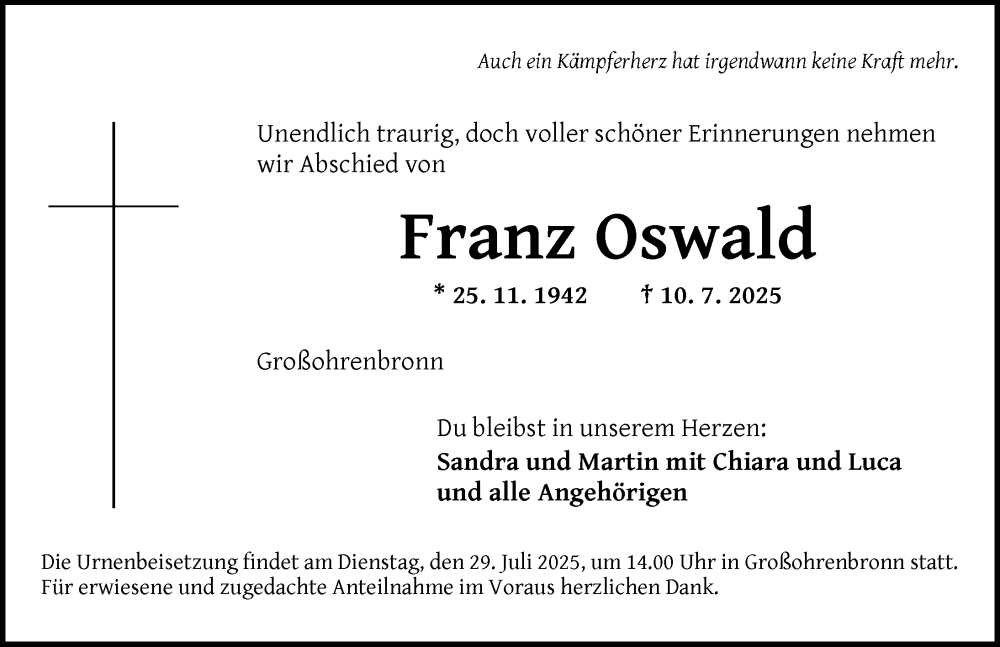  Traueranzeige für Franz Oswald vom 24.07.2025 aus Dinkelsbühl/ Feuchtwangen
