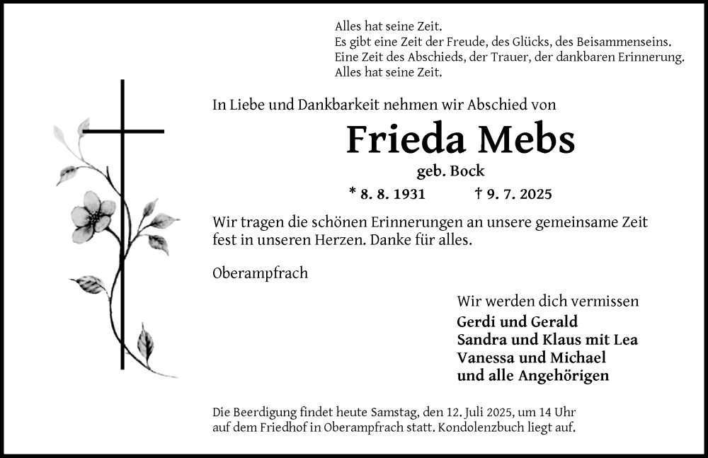  Traueranzeige für Frieda Mebs vom 12.07.2025 aus Dinkelsbühl/ Feuchtwangen